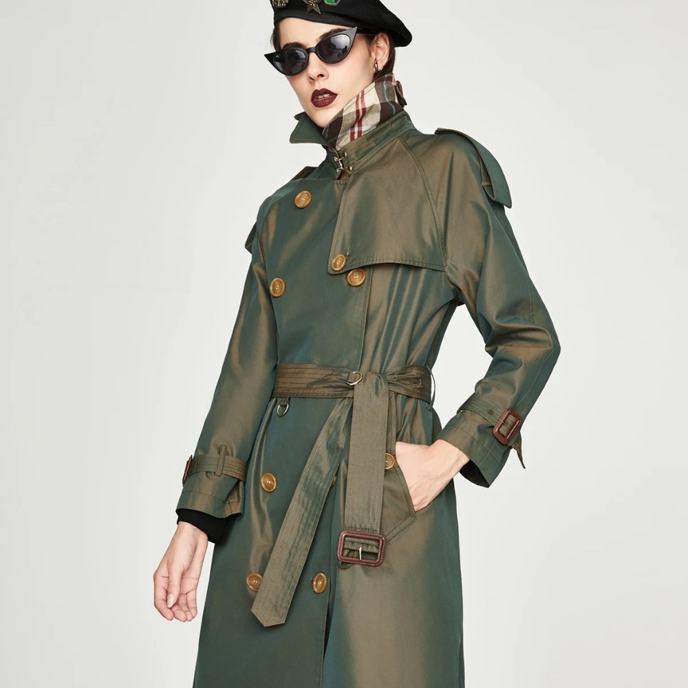 Classic Green Double-Breasted Trench Coat with Belt